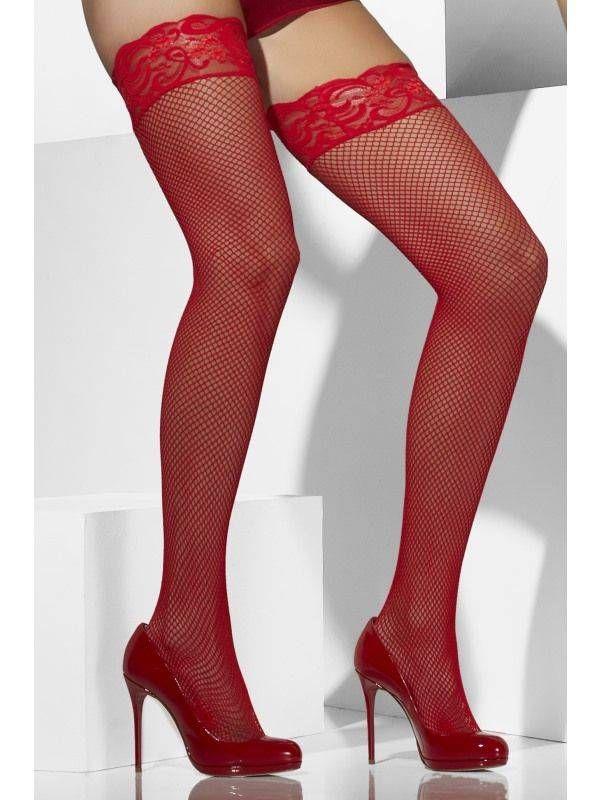 Fever fishnet hold-up stockings with lace tops and silicone bands in black, red, and white, showcasing sheer fishnet and decorative lace.