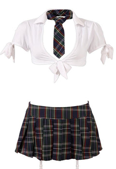 Cottelli Collection schoolgirl costume with colorful checkered mini skirt, tie, and crotchless panties for bedroom dress-up.
