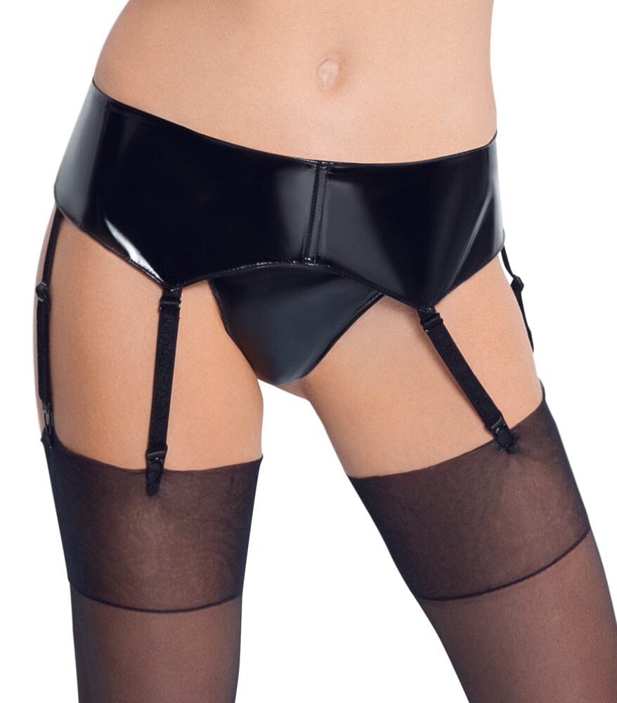 Black Level vinyl suspender belt featuring adjustable straps and metal clasps, stylish and sleek accessory for lingerie or outfits.
