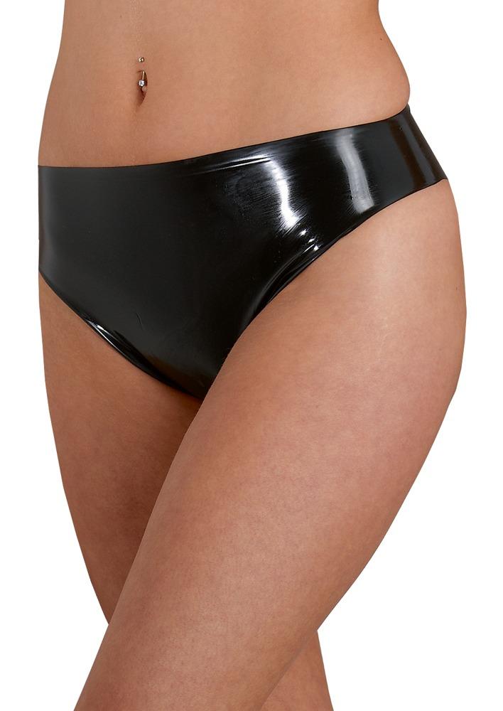 Women's black latex brief from LATE X, featuring a sleek, shiny bondage and fetishwear design with a snug fit.