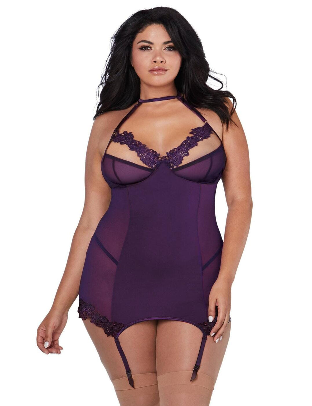 Dreamgirl plum garter slip and string set featuring delicate lace and satin fabric, perfect for sensual lingerie.