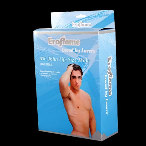 Life-size male sex doll by Scala with vibrating 23cm penis, realistic features, and life-like appearance.