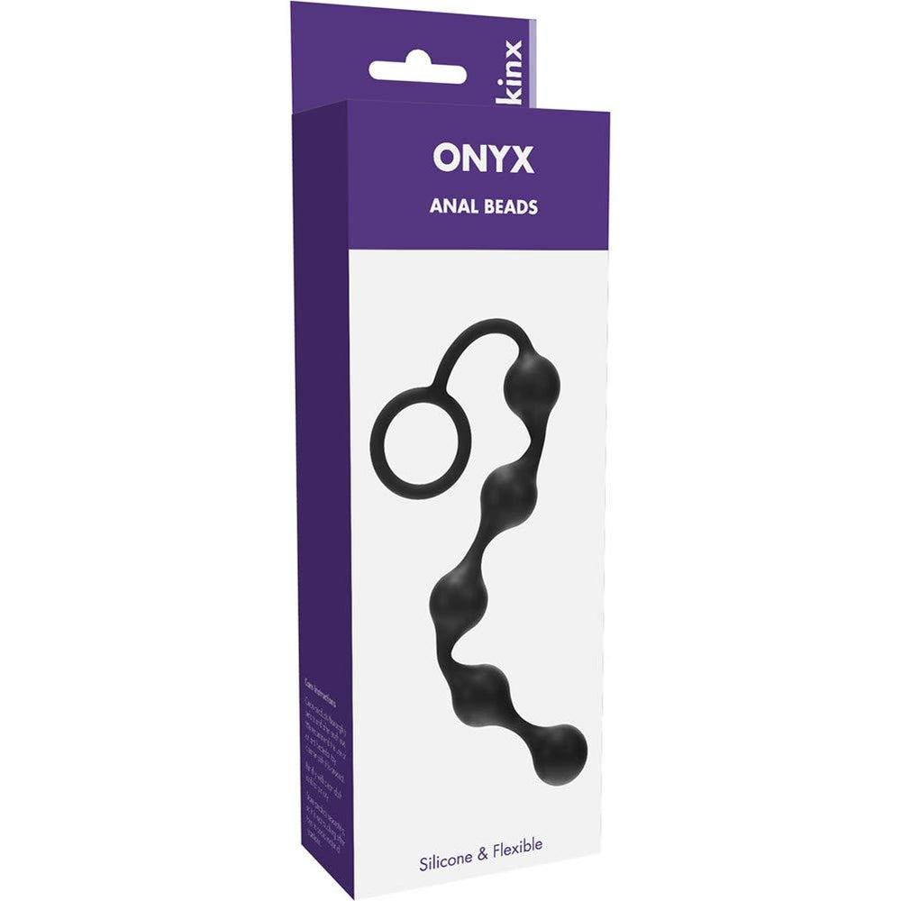 Me You Us Onyx silicone anal beads with 8-inch insertable length, flexible design, phthalate-free, and retrieval ring.