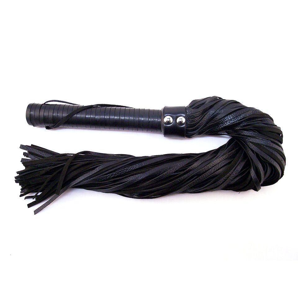 Leather handle flogger from Scandals Bondage with multiple leather strands for BDSM sensation and impact play.