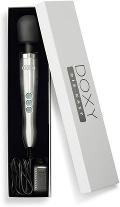 Doxy Die Cast Mains Powered Ultra Wand, luxury sex toy with sleek metallic design and ergonomic handle for intense pleasure.