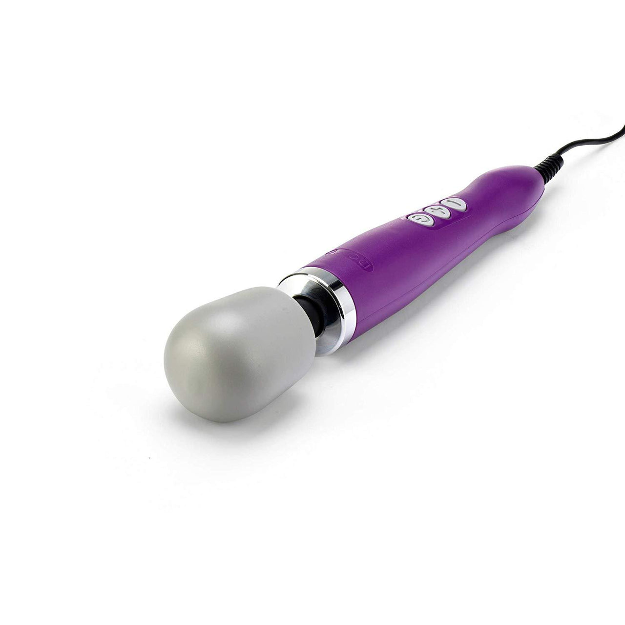 a purple and silver electric toothbrush on a white background