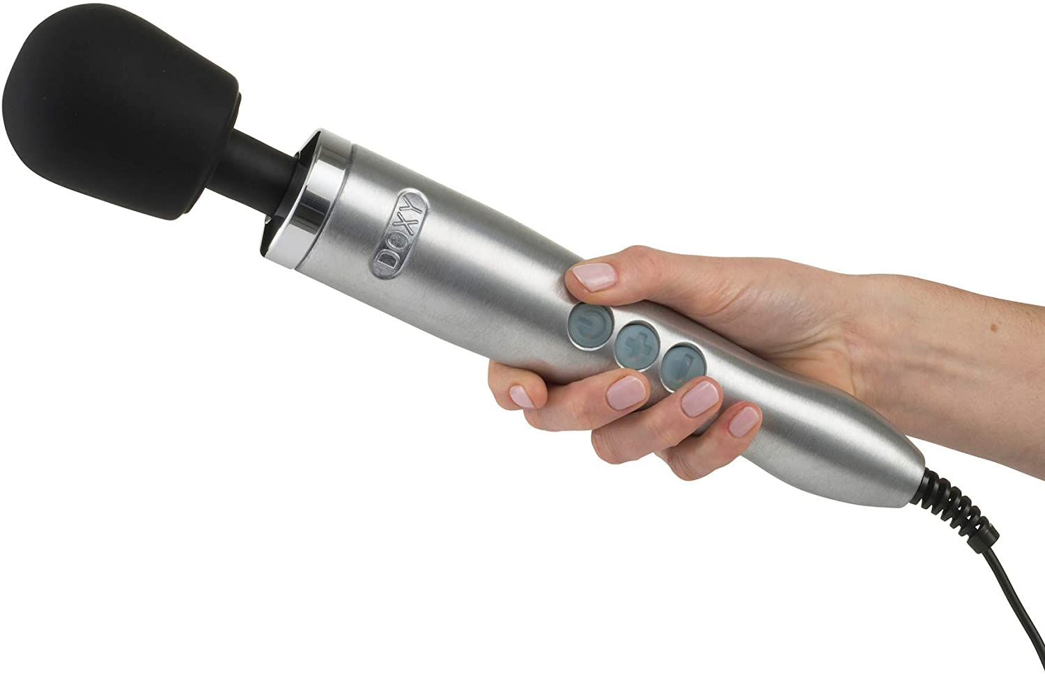Doxy Die Cast Mains Powered Ultra Wand luxury vibrator with metallic finish and ergonomic design for targeted stimulation.