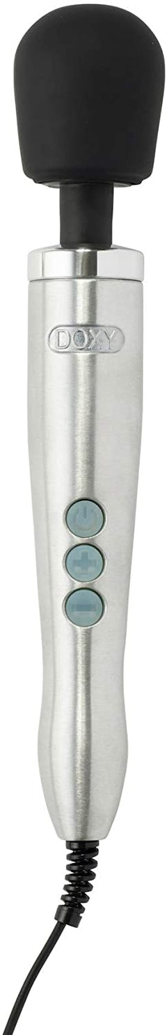 Doxy Die Cast Mains Powered Ultra Wand luxury vibrator with sleek metal design and ergonomic handle for intense stimulation.