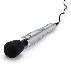 Doxy Die Cast Mains Powered Ultra Wand luxury vibrator with sleek metal handle and ergonomic design for enhanced comfort.