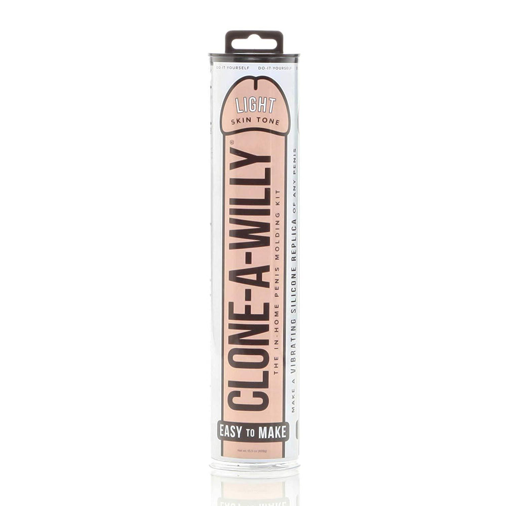 Clone-A-Willy vibrating penis moulding kit showing silicone mould and included vibrator for creating a realistic, lifesize dildo at home.