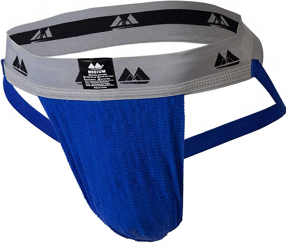 Royal blue and grey Meyer Marketing men's jock strap with supportive waistband and breathable fabric.