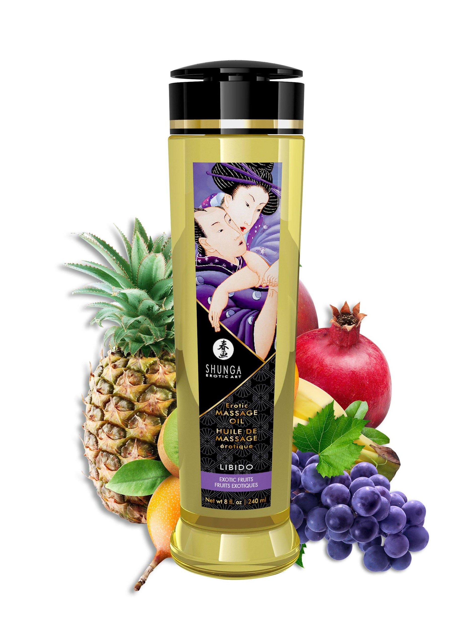 Shunga Erotic Massage Oil in 240ml bottle, natural cold-pressed oils with vitamin E, non-greasy and pore-friendly, for sensual massage.