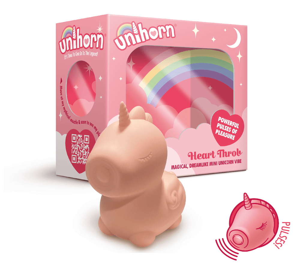 Unihorn Heart Throb clitoral vibrator with heart-shaped design, featuring smooth silicone surface and compact size for targeted stimulation.
