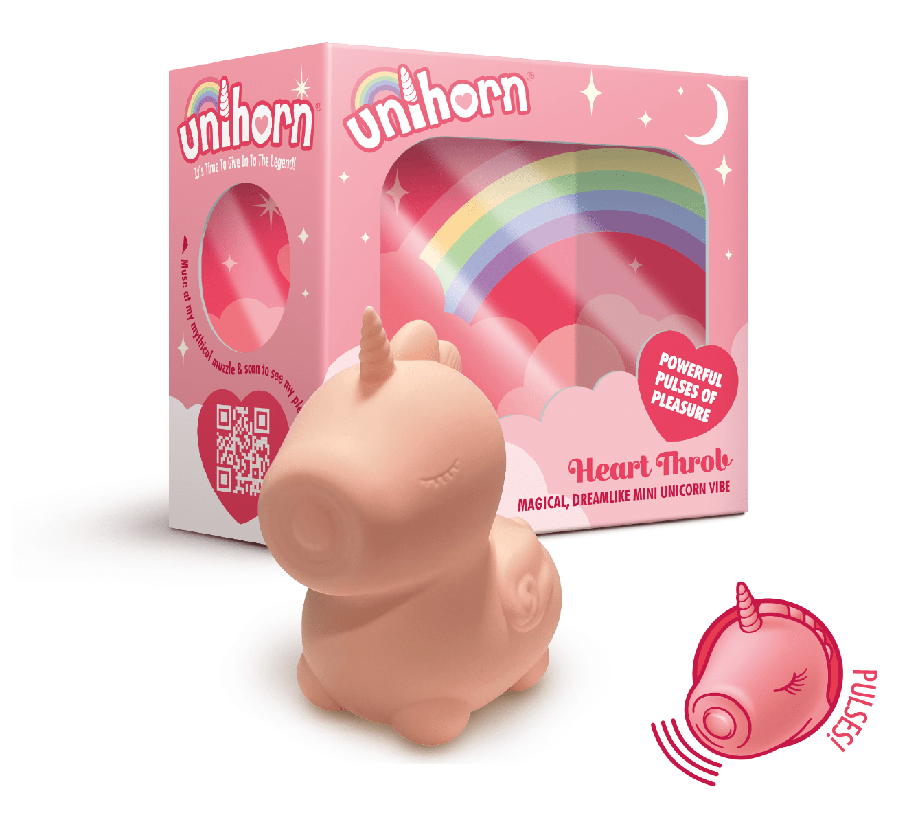 Unihorn Heart Throb clitoral vibrator with heart-shaped design, featuring smooth silicone surface and compact size for targeted stimulation.