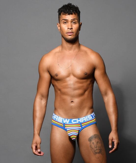 Andrew Christian men's stripe briefs featuring bold horizontal stripes and a comfortable fit, designed for everyday wear.