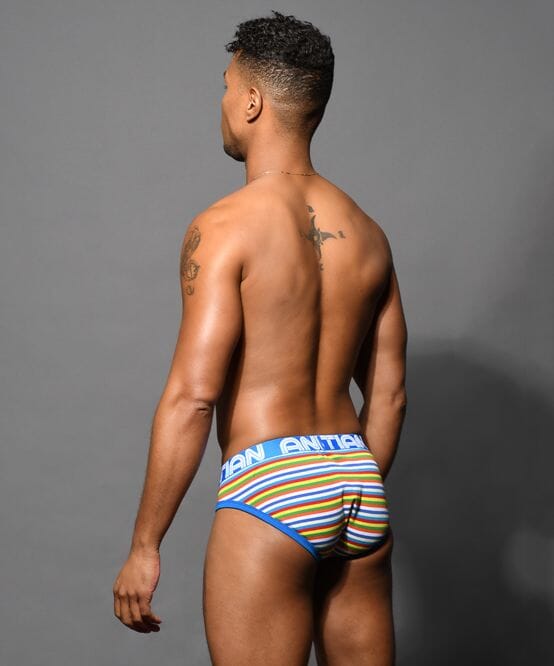 Andrew Christian men's stripe briefs featuring vibrant striped design and comfortable fit, shown in a close-up view.
