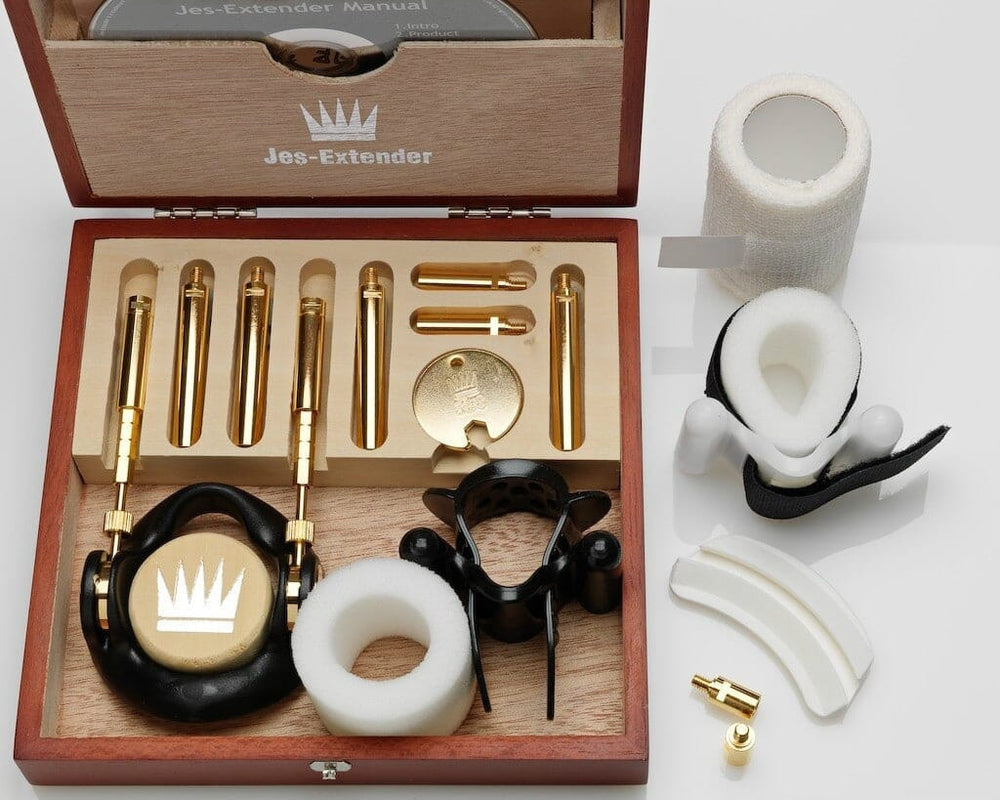 Jes-Extender GOLD penis extender device with adjustable rods and comfort strap for penis lengthening and enhancement.