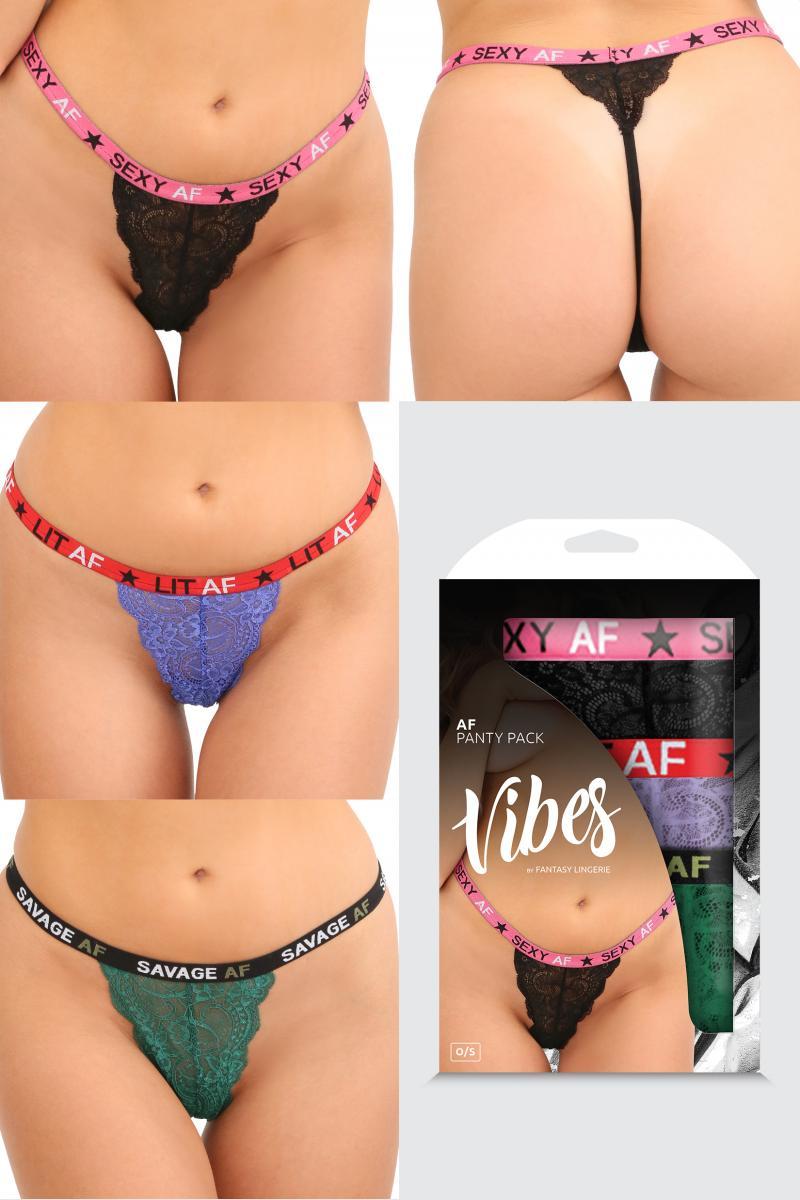 Vibes Fantasy Lingerie "Lit AF" lace thong set, three-pack, featuring stylish, comfortable knickers and thongs in vibrant lace.