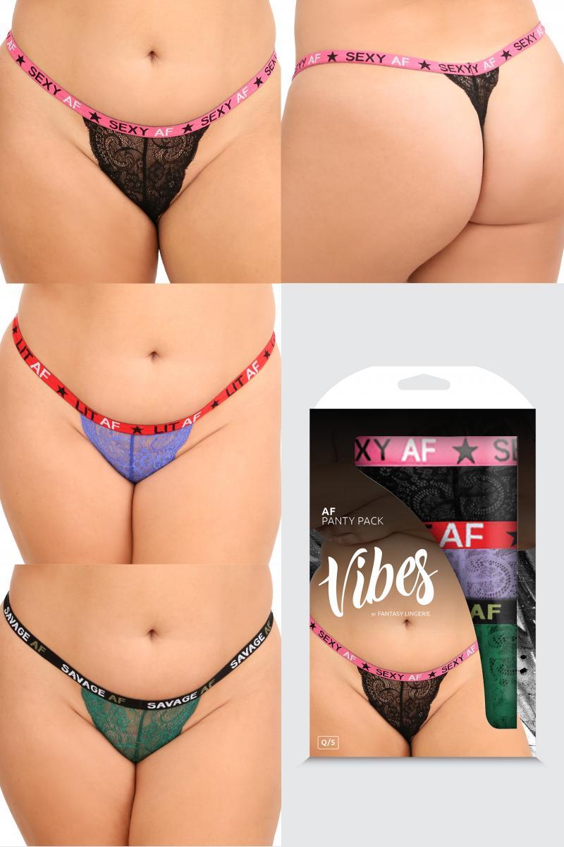 Vibes Fantasy Lingerie "Lit AF" lace thong set, 3-pack, featuring black and colorful lace knickers and thongs with playful designs.