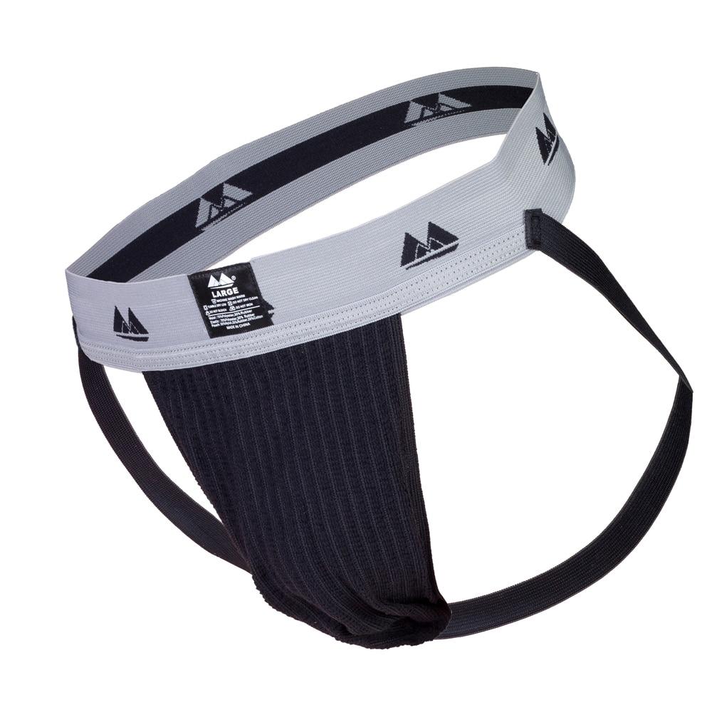 Black and grey Meyer Marketing men's jock strap with supportive waistband and secure fit, designed for athletic comfort.