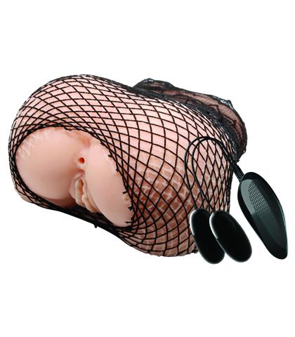Realistic Crazy Bull Jessica vibrating masturbator with fishnets, detailed inner texture, and life-like design for enhanced stimulation.