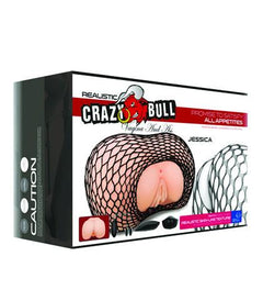 Crazy Bull Jessica realistic vibrating masturbator with fishnets, showing detailed inner textures and sleek design.