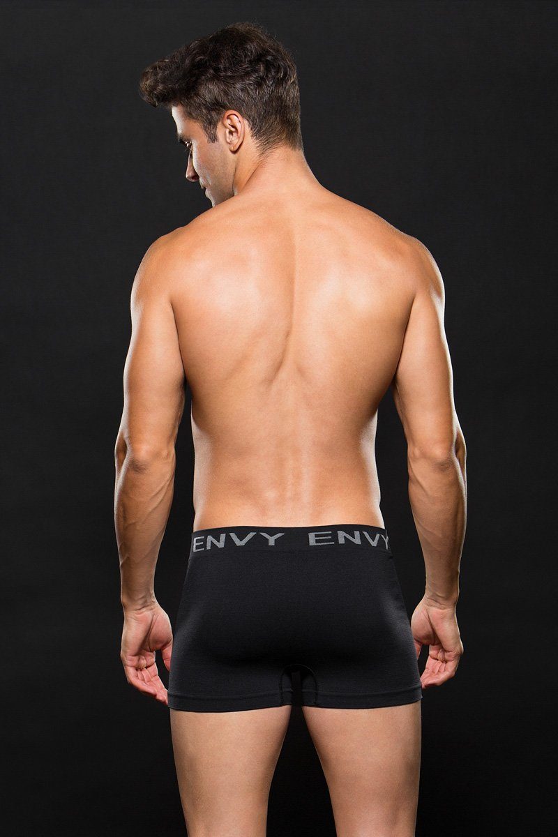 Black Envy low rise seamless men's boxer briefs shown from the back, highlighting the comfortable fit and smooth fabric.
