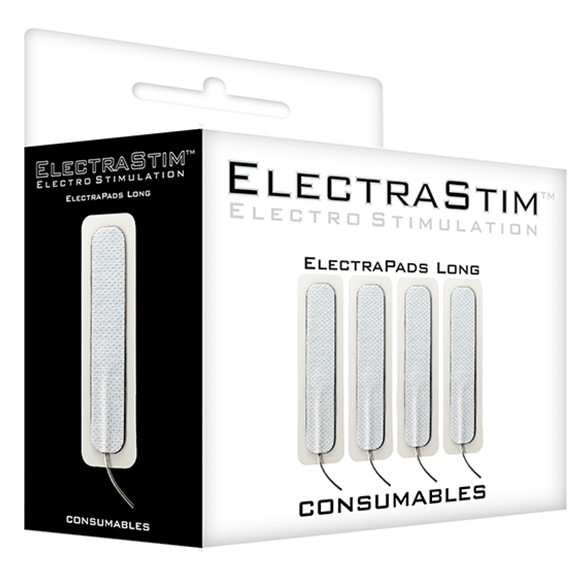 ElectraStim Long Self-Adhesive ElectraPads for electro sex, shown in their packaging with adhesive pads and wiring.