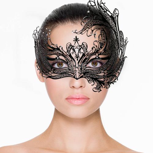 Black asymmetrical Venetian metal masquerade mask by EDC with intricate design and elegant details.