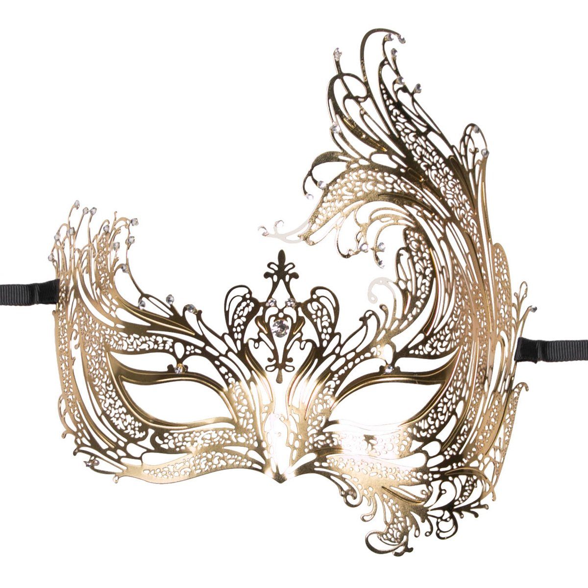 Elegant asymmetrical Venetian metal masquerade mask in gold with intricate detailing, perfect for costume events by EDC.