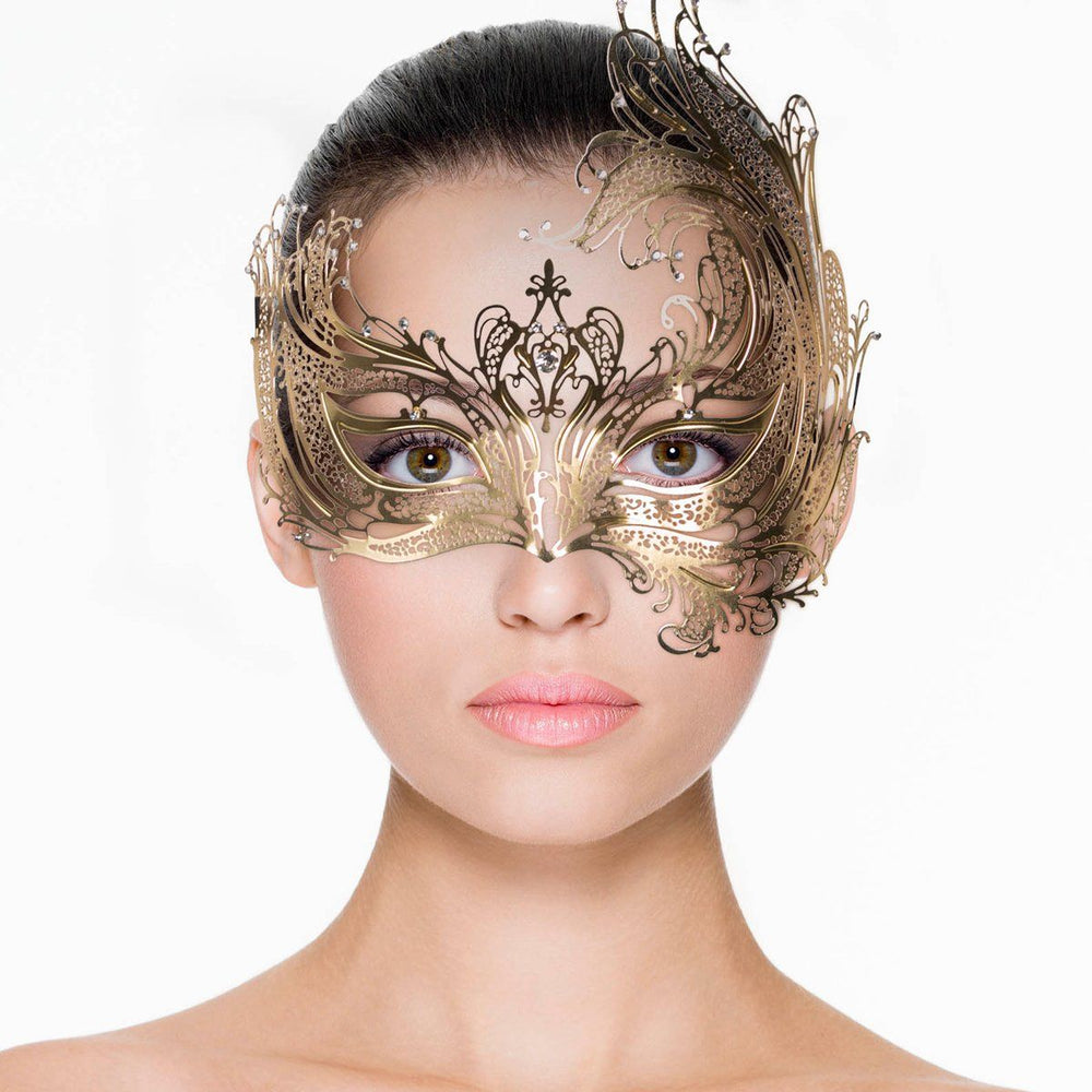 Elegant asymmetrical Venetian metal masquerade mask in gold with intricate detailing, perfect for costume events.