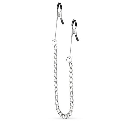 Silver nipple clamps with long chain from Easytoys Fetish Collection, featuring adjustable clamps and dangling chain.
