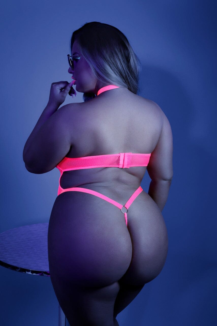 Queen Size UV Reactive Harness Bodysuit with Open Back