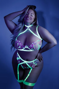Thumbnail for Queen Size UV Reactive Harnessed Cage Bra, Garter Belt & Panty