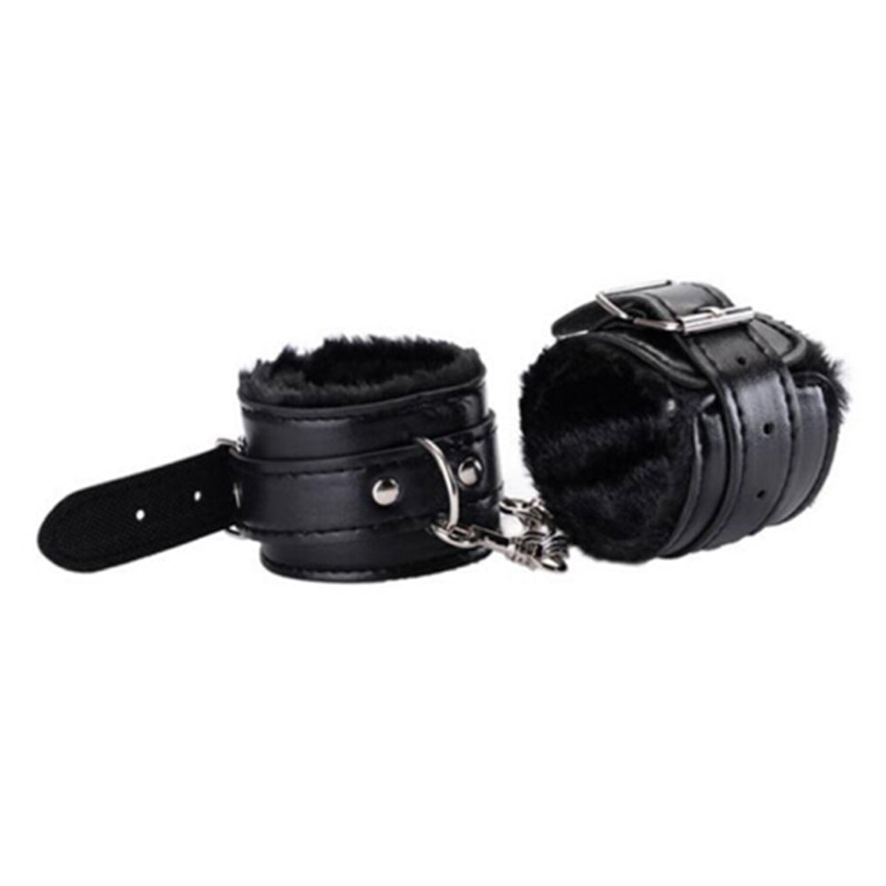 Soft plush restraints with adjustable straps, designed as plush handcuffs by Prevail Wellness for comfortable restraint play.