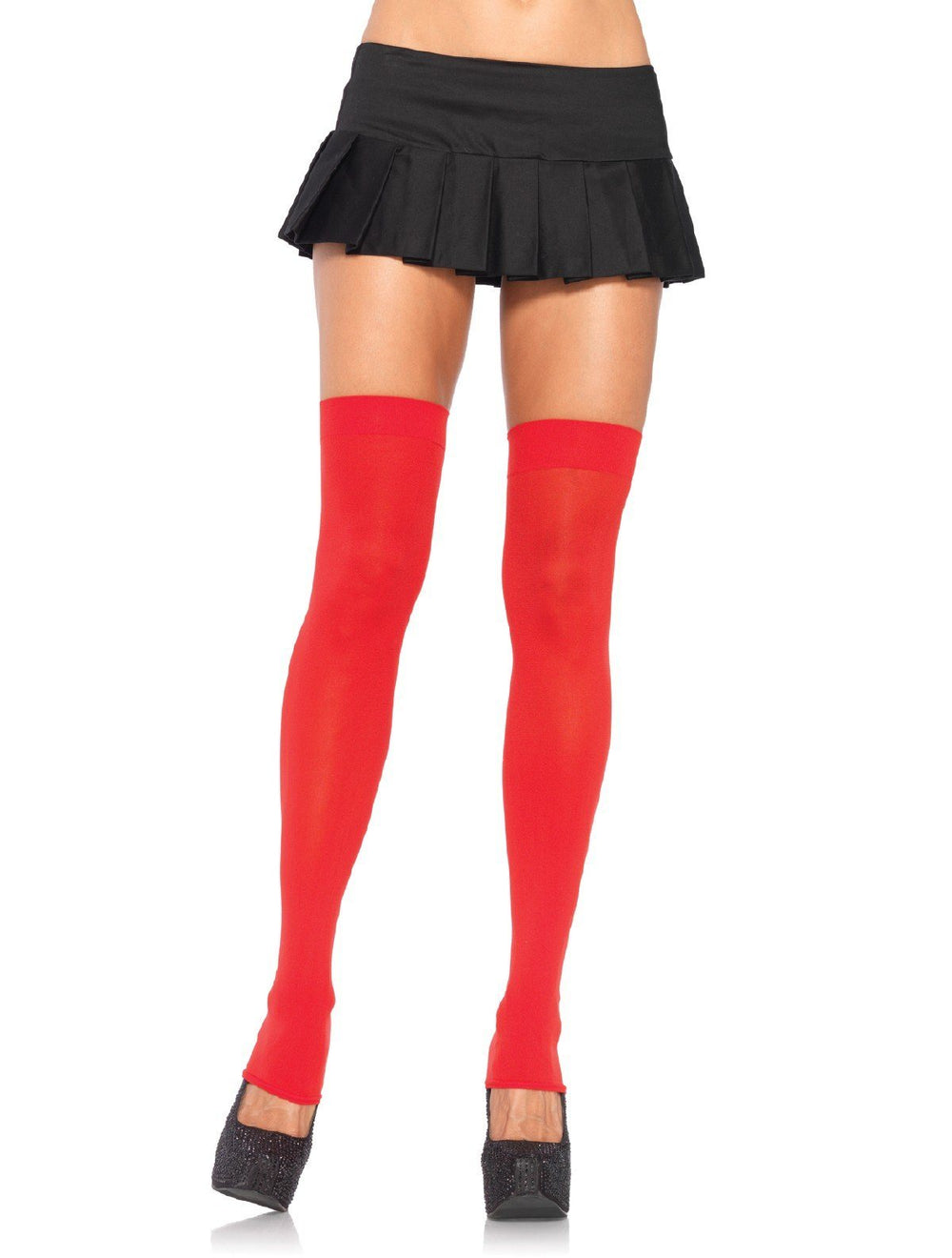 Black opaque thigh high leg warmers from Leg Avenue, styled as stockings or hosiery, shown on a model leg.