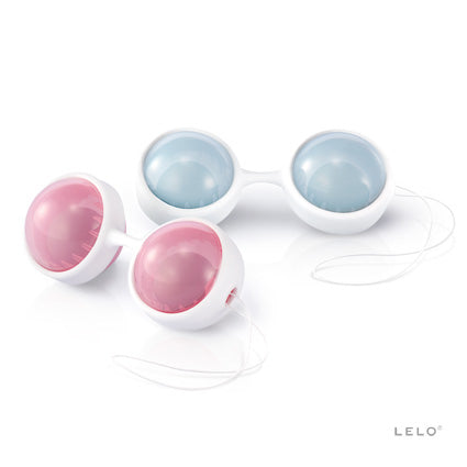 Lelo Luna Beads Kegel exercisers in a soft, silky pouch, showing smooth, rounded silicone design for pelvic floor strengthening.