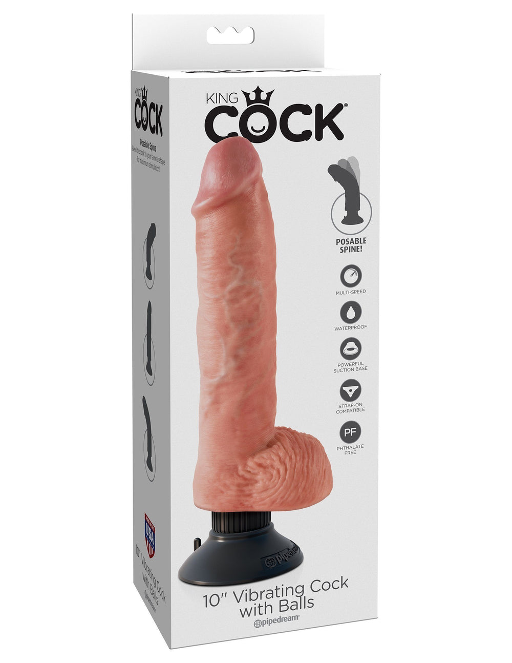 Pipedream King Cock 10-inch vibrating dildo with realistic details, balls, suction cup base, and textured surface for stimulation.