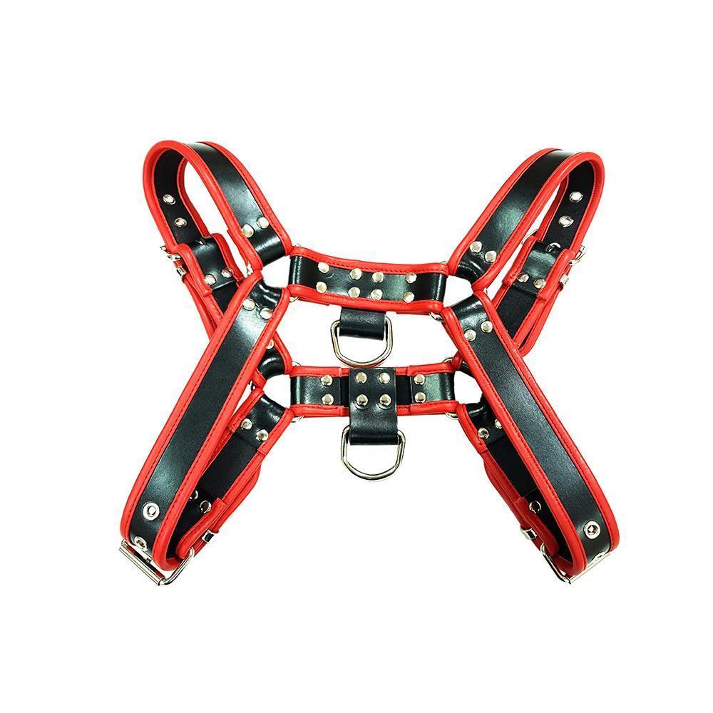 Black and red leather Bondage H-front harness from Scandals Menswear, featuring adjustable straps and metal hardware.