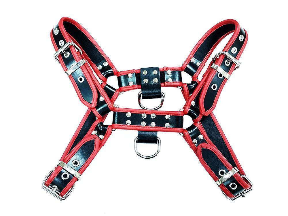 Black and red leather bondage H-front harness by Scandals Menswear, featuring adjustable straps and metal hardware.
