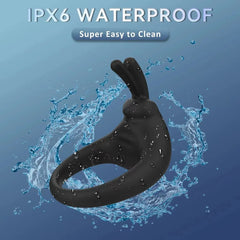 Scandals RABBIT X dual vibrating cock ring with remote control, black silicone, featuring rabbit ears and textured design.