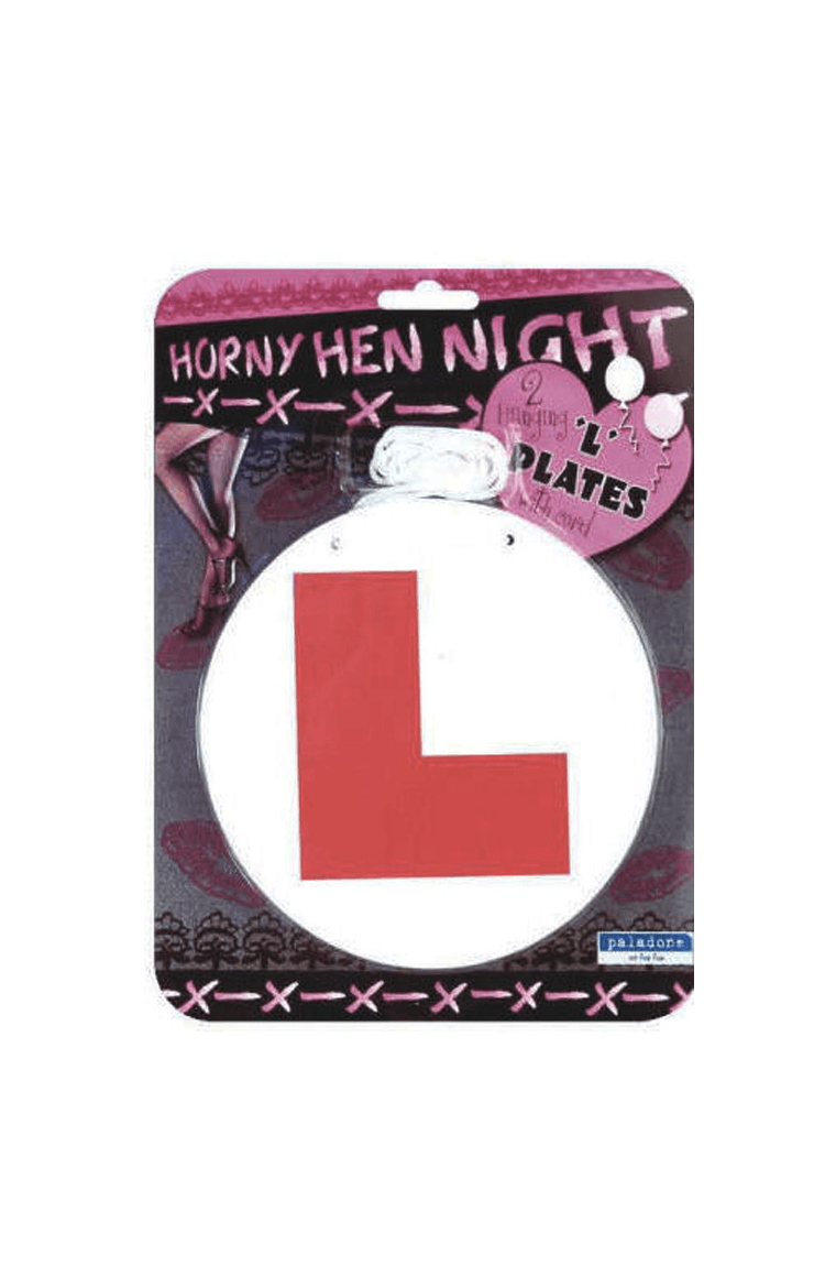 Pair of humorous Hen Night L Plates with bright pink and black lettering, designed as novelty accessories for hen parties.