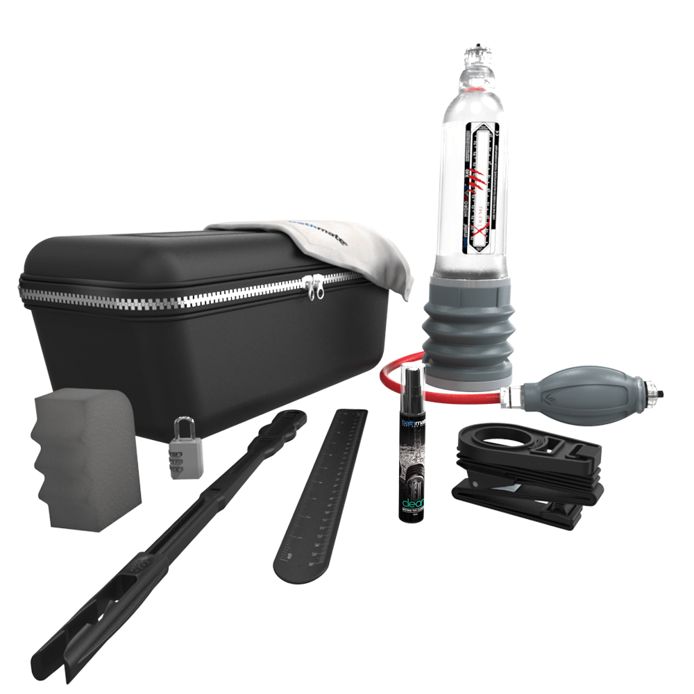 Bathmate Hydromax X40 Xtreme Kit with pump and accessories for male enhancement, featuring a transparent pump and included attachments.