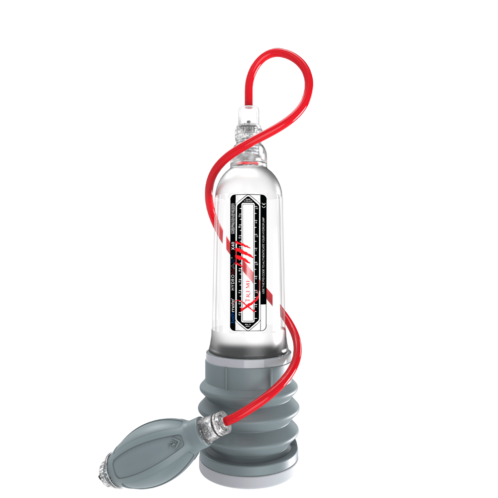 Front view of the Bathmate Hydromax X40 Xtreme Kit penis pump with clear cylinder and black base, designed for enlargement and enhancement.