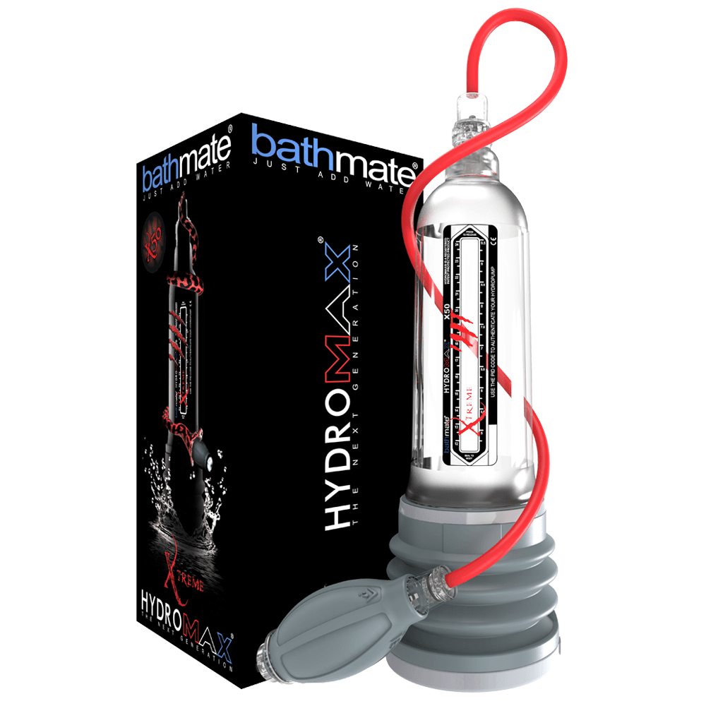 Bathmate X50 Xtreme Kit hydro pump with clear body and box, designed for penis enlargement and hydrotherapy therapy.