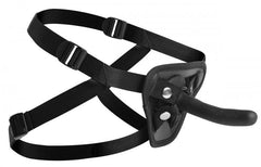 U Strap silicone strap-on pegging set with adjustable harness and 4-inch petite dildo, shown in black, with straps and harness details.