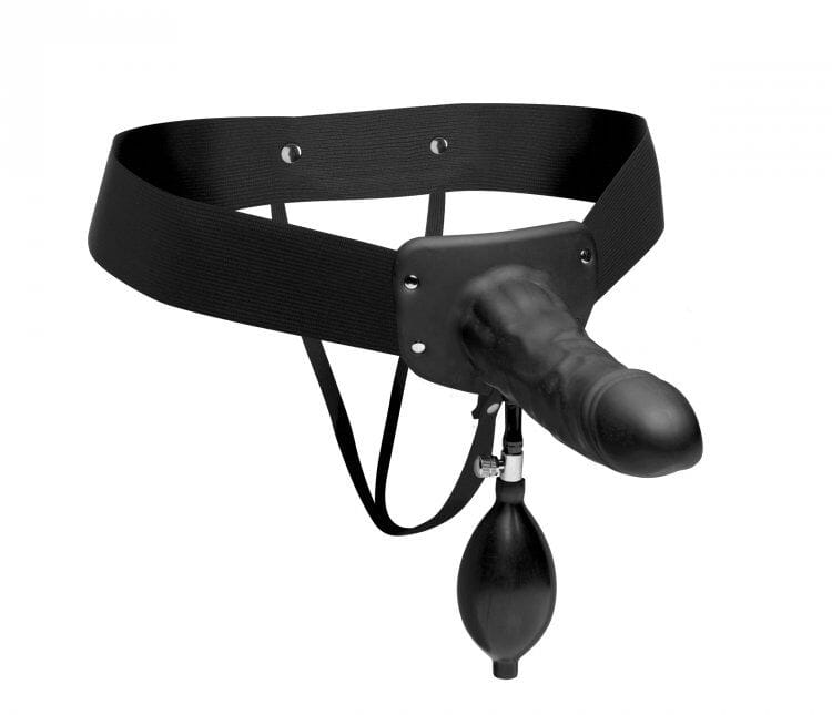 Pumper Inflatable Hollow Strap On displayed on a plush surface, highlighting its body-safe materials and stretchy elastic waistband.