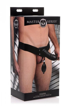 Artistic angle of the Pumper Inflatable Hollow Strap On featuring its sleek silicone texture and the removable hand pump for irresistible pleasure.