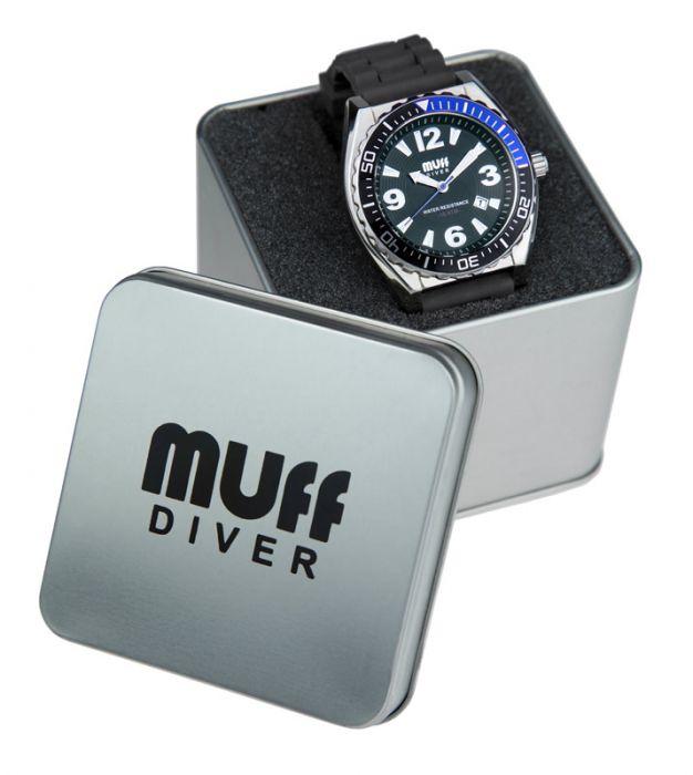 Black and blue MUFF Diver's Watch in a novelty case, showcasing water-resistant design and sporty style.