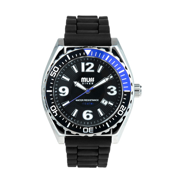 Black and blue MUFF Diver's Watch with a sleek design, featuring a round face and durable strap, suitable for underwater adventures.